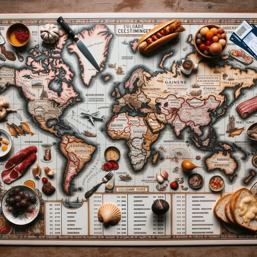 een wereldkaart op een rustieke houten tafel omringd door exotische specerijen uit verschillende landen, met een paspoort naast de kaart en zwevende vliegtickets erboven.