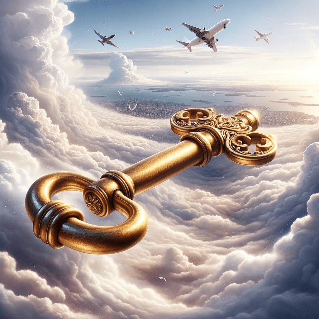 Een gouden sleutel zwevend in de lucht, met een achtergrond van witte wolken en kruisende vliegtuigen.