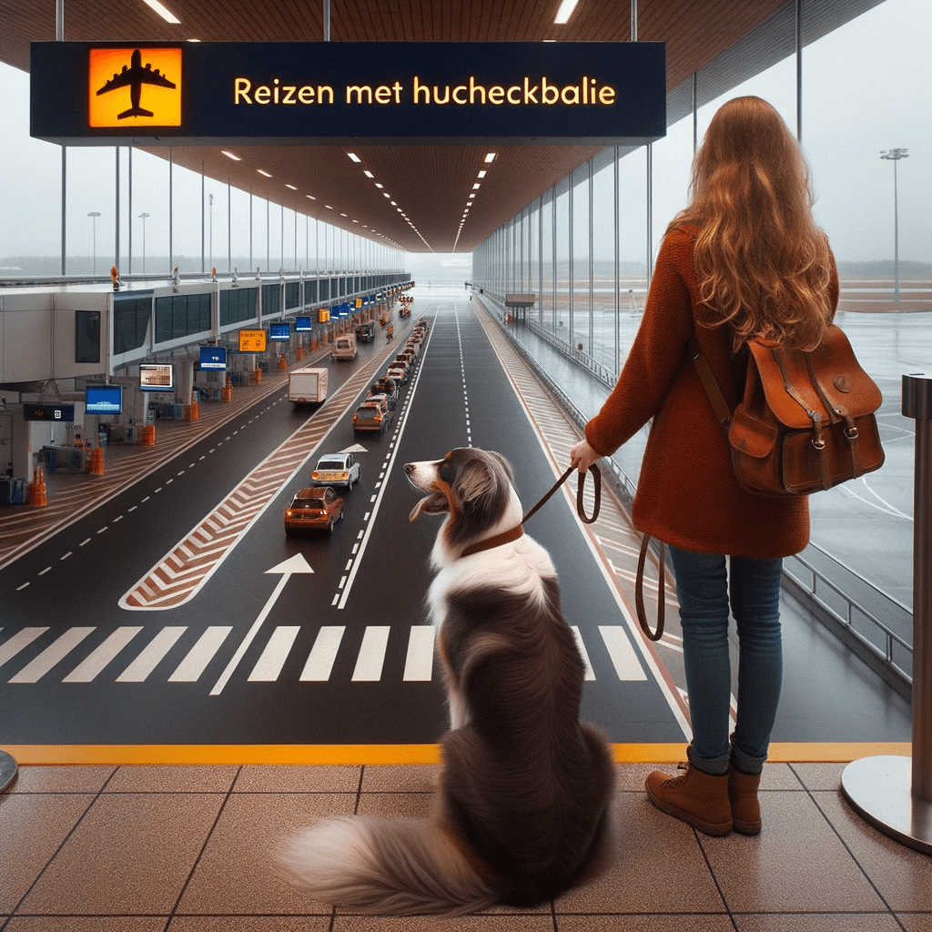 Vrouw met hond bij incheckbalie op luchthaven met 'Reizen met Huisdieren' borden.