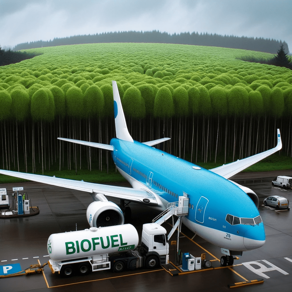KLM vliegtuig dat brandstof tankt uit een 'biofuel' tankwagen op een luchthaven, met groene bomen op de achtergrond.