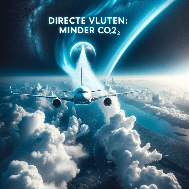 Natuurlijk, hier zijn de teksten voor de foto: Alt tekst: Vliegtuig vliegend tegen een helderblauwe hemel met de tekst 'Directe Vluchten: Minder CO2'.