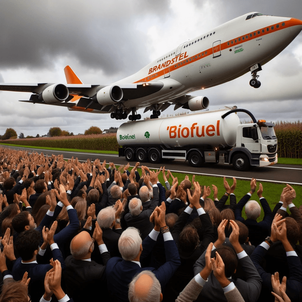 Vliegtuig dat brandstof tankt uit een 'biofuel' tankwagen, met applaudisserende passagiers die de milieuvriendelijke inspanningen waarderen.