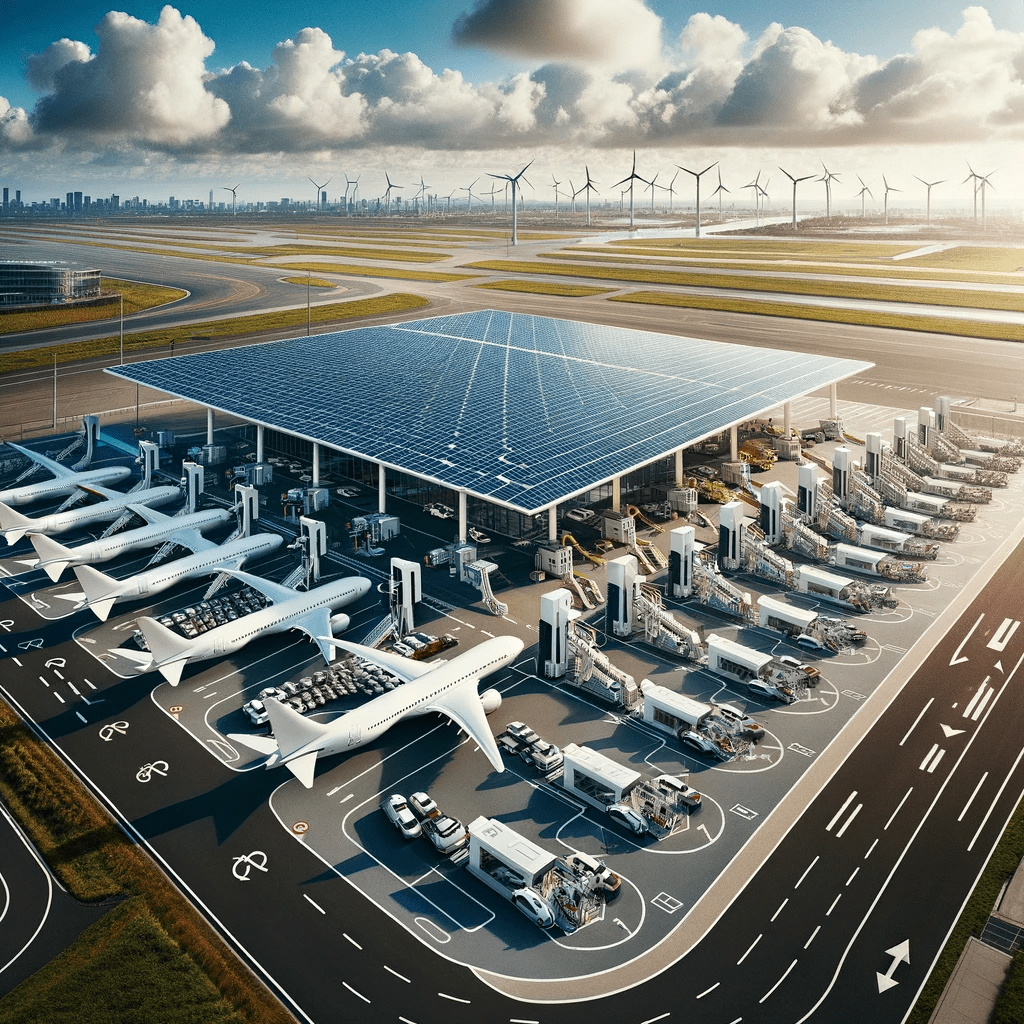 Vliegveld met zonnepanelen bedekte daken, elektrische laadstations voor voertuigen en borden die duurzaam reizen aanmoedigen.