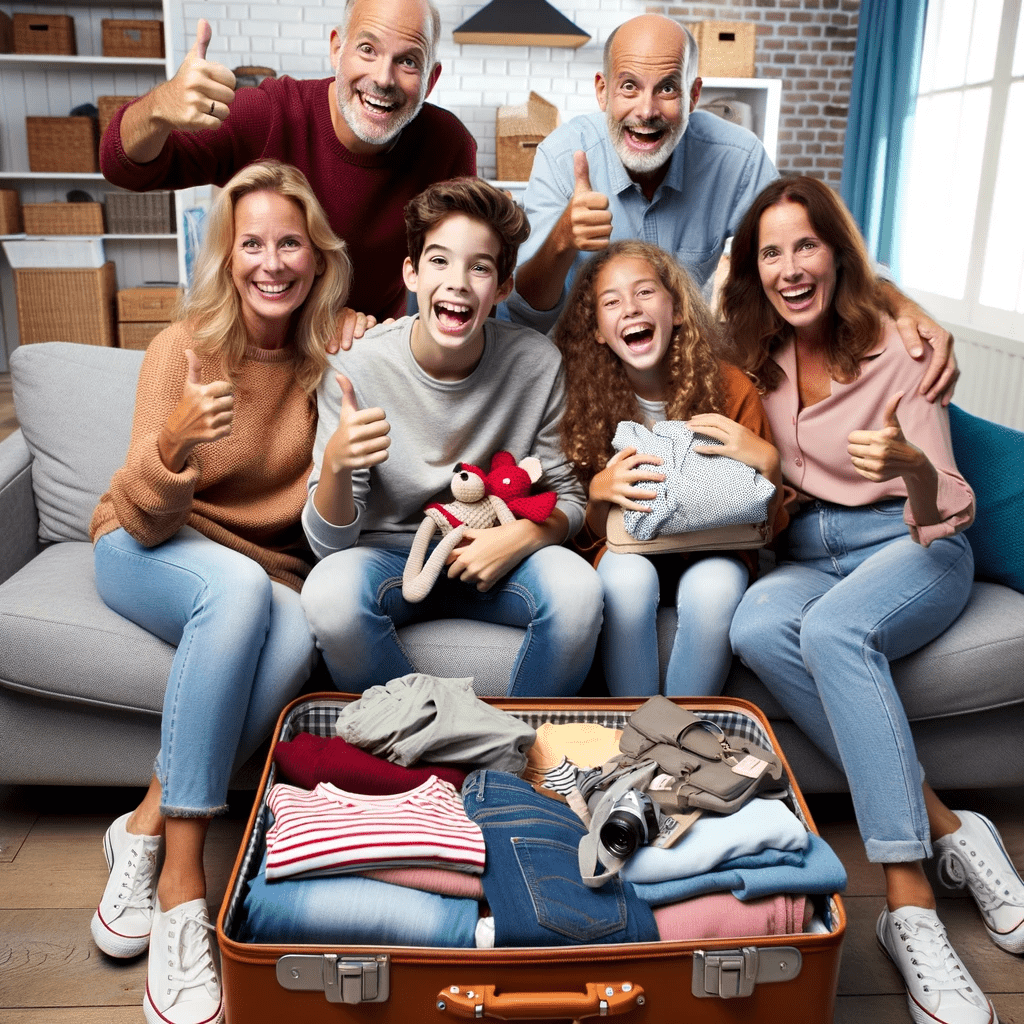 Een vrolijke familie van diverse leeftijden zit samen rond een grote koffer en pakt spullen in, terwijl ze elk een inpaklijst controleren.