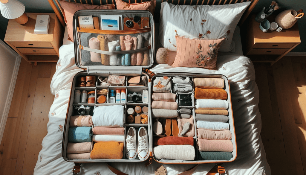Een open koffer op een bed, zorgvuldig georganiseerd met opgevouwen kleding