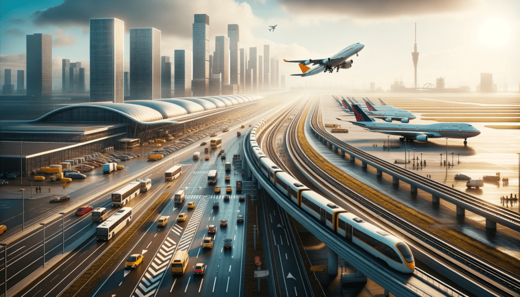Een modern landschap met een trein, bus en auto in beweging, met op de achtergrond een grote luchthaventerminal, verkeerstorens en vliegtuigen op de startbaan.