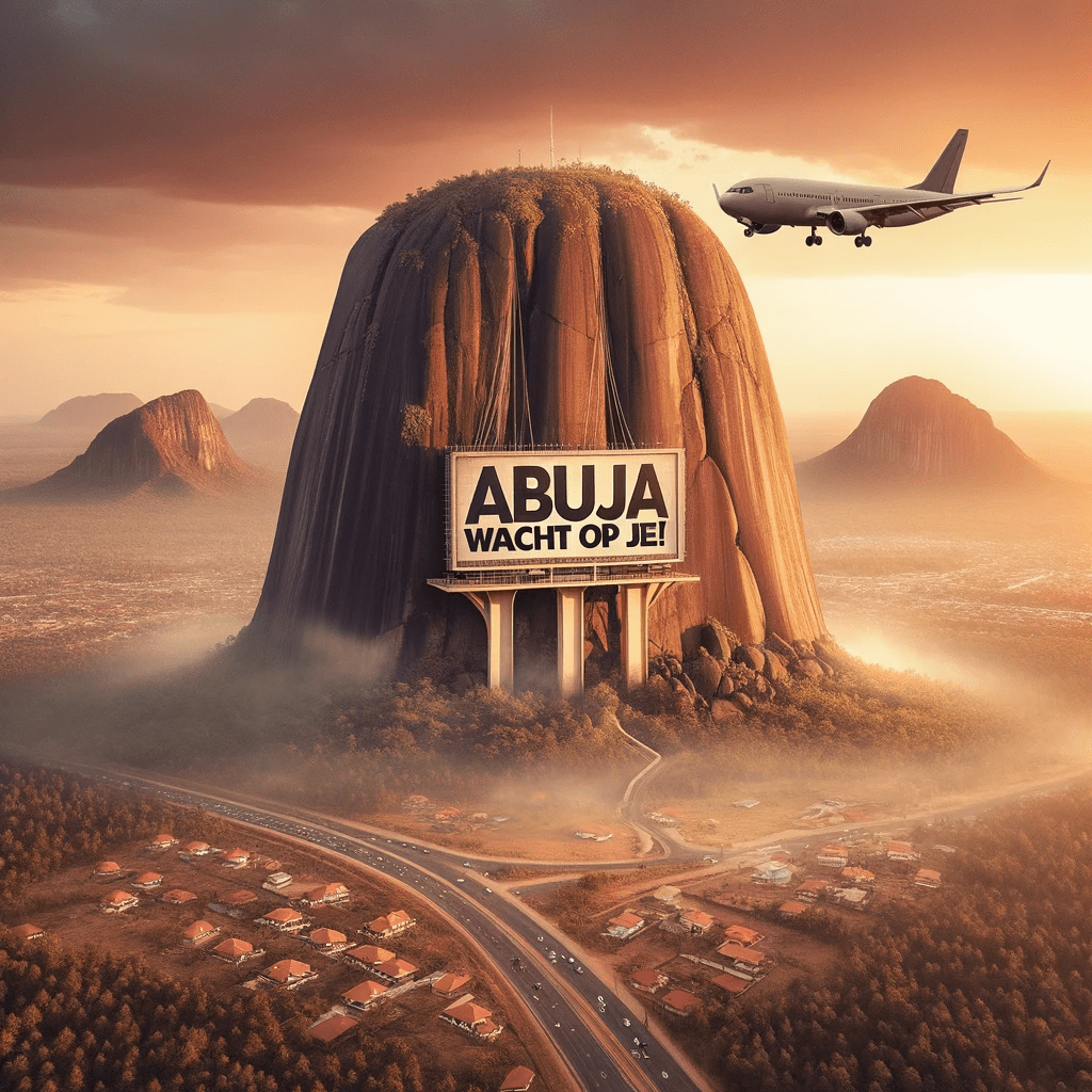 Vliegtuig boven Aso Rock, Abuja bij zonsondergang met tekst 'Abuja wacht op je!