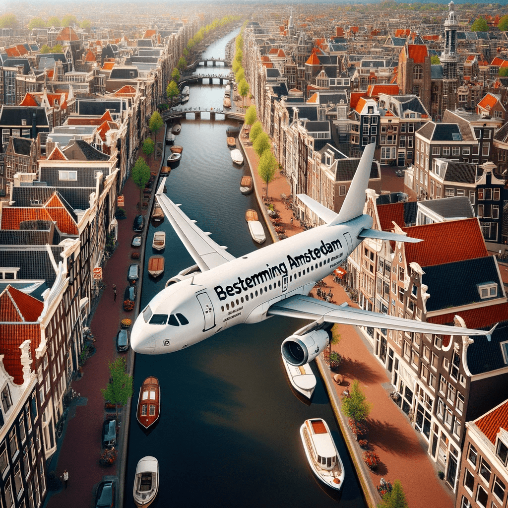 Vliegtuig boven Amsterdam en stadsgezicht op achtergrond.