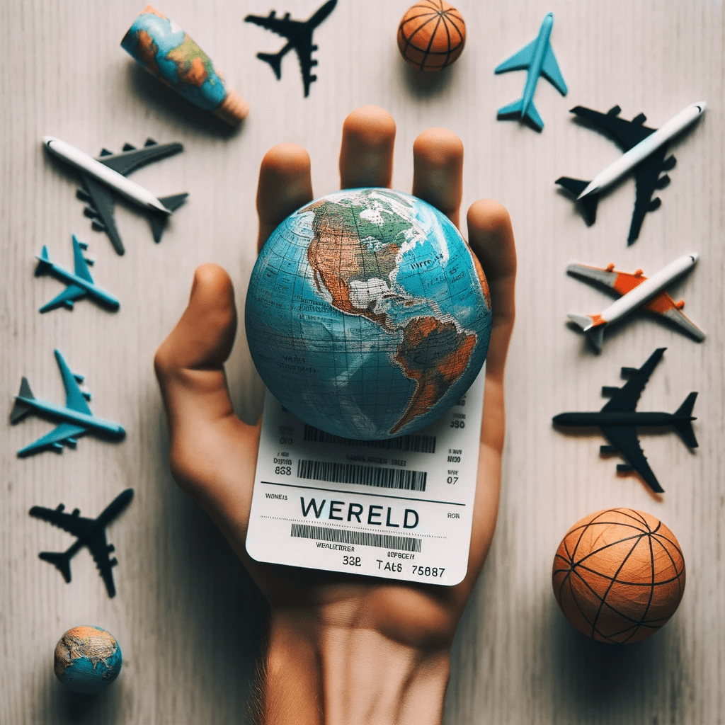 Afbeelding van een hand met vliegticket, wereldafbeelding en vliegtuigiconen, met 'Vliegtickets Wereld' onderaan.
