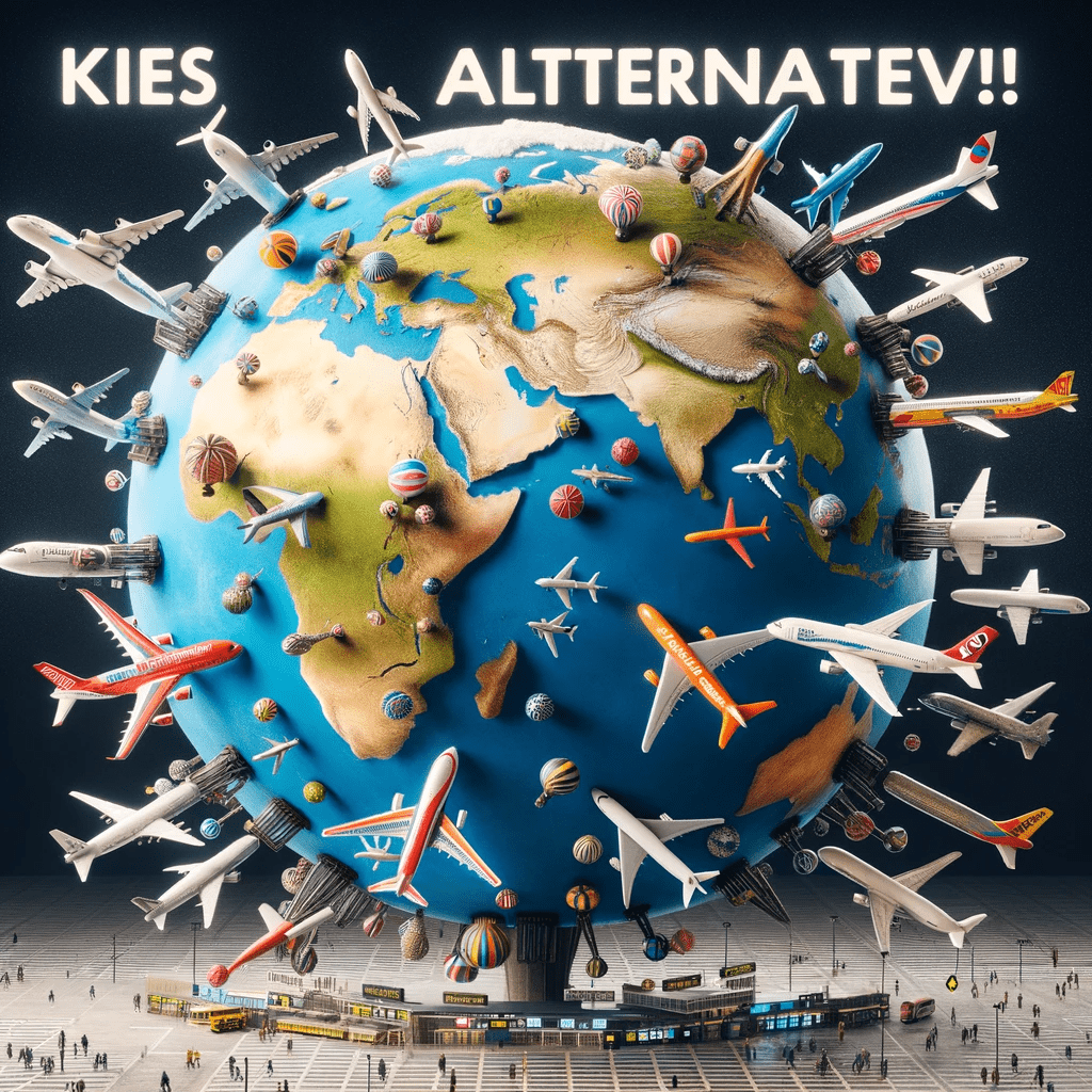 Een foto van wereldbol, vliegtuigen naar kleine luchthavens, pijlen van groot naar klein, met 'Kies Alternatief!' in het midden.
