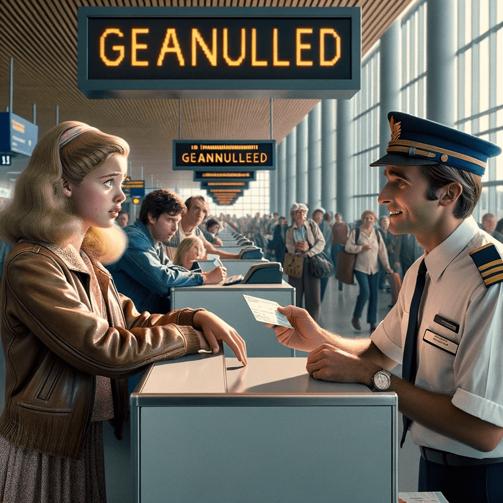 Foto van teleurgestelde man en vrouw bij luchthavenbalie, ticket met 'GEANNULEERD', blonde baliemedewerkster legt uit, drukke achtergrond.