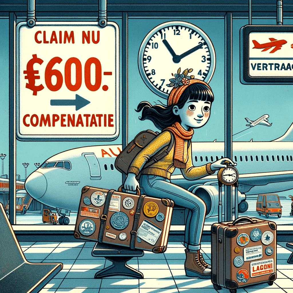 Illustratie van teleurgestelde vrouw in luchthaven met 'Vlucht Vertraagd' bord en '€600.- compensatie' badge.