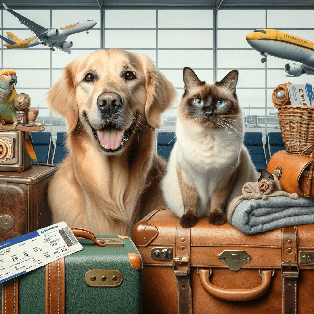 Huisdieren in luchthaven met reisaccessoires: hond met paspoort, kat op koffer, en parkiet met vliegticket.