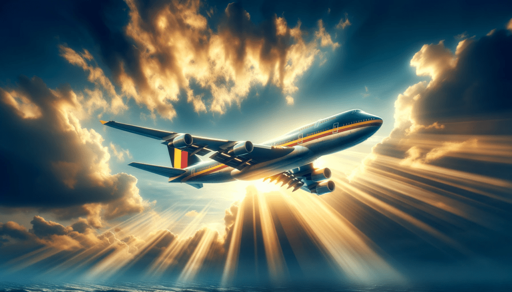 Passagiersvliegtuig met Belgische vlag kleuren vliegend tegen blauwe lucht.