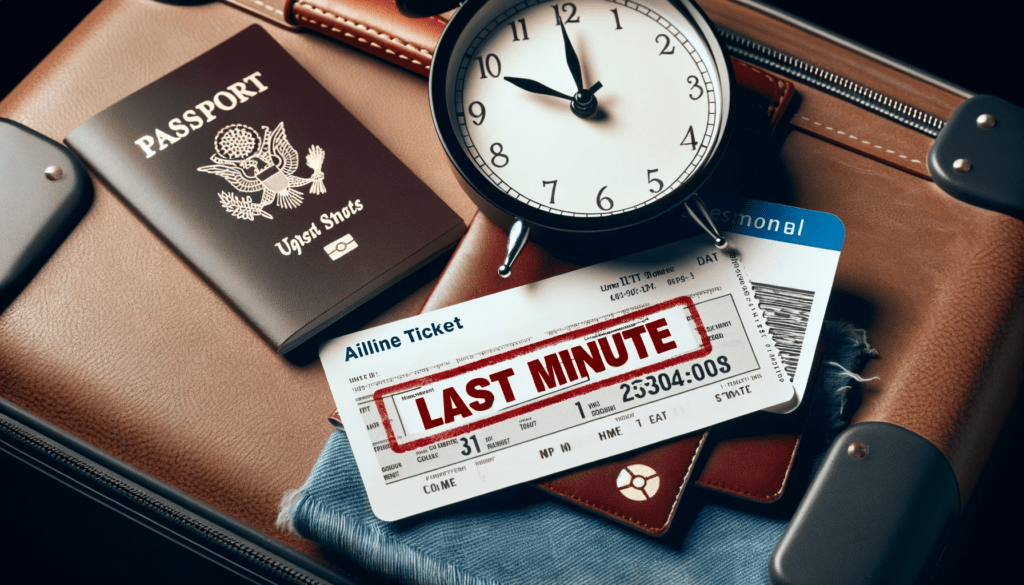Vliegticket met 'Last Minute' stempel naast paspoort en klok bijna middernacht.