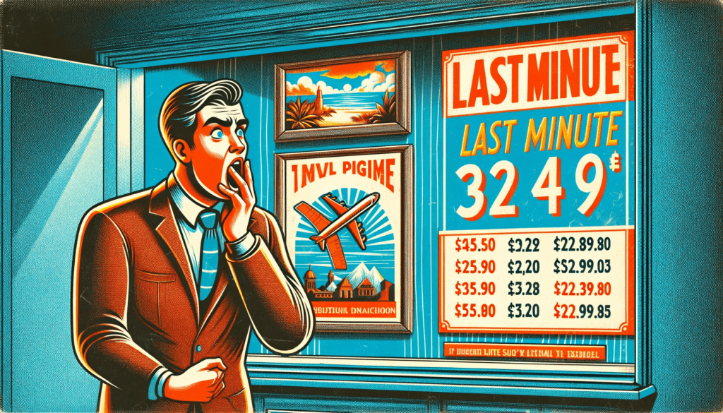 Verbaasde klant ziet hoge last-minute vliegticketprijzen in vintage reisbureau.