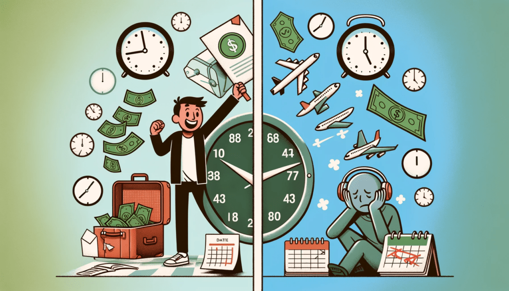 Reiziger met geldkoffer en gestreste reiziger met klokken illustreren voor- en nadelen van last-minute tickets