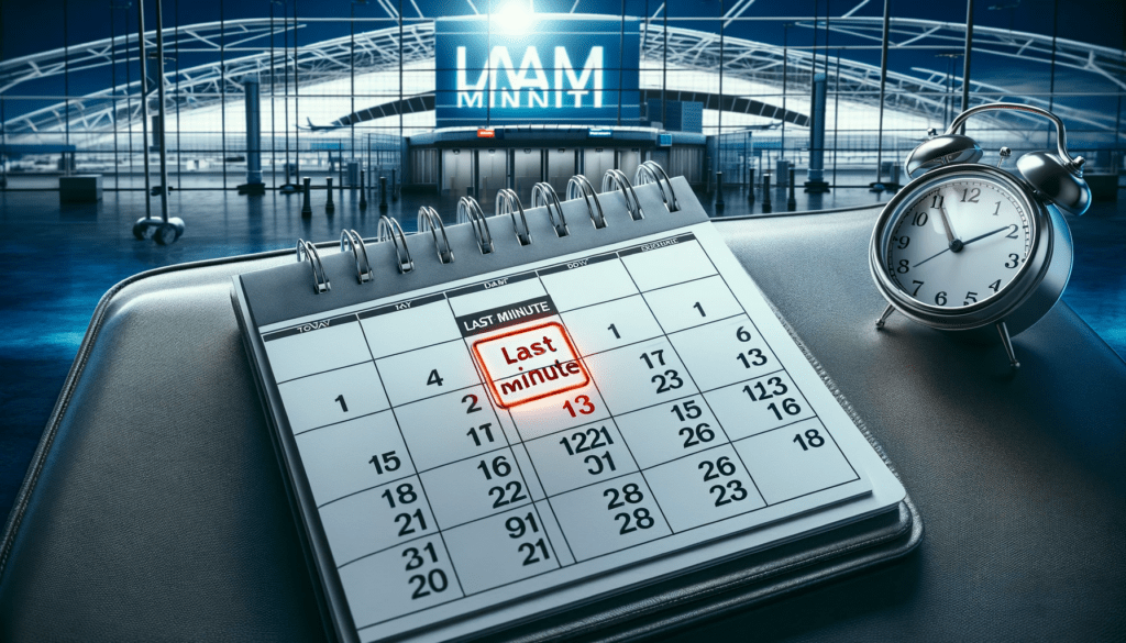 Kalender met 'Last Minute' gemarkeerd, achtergrond van luchthavengate en klok.