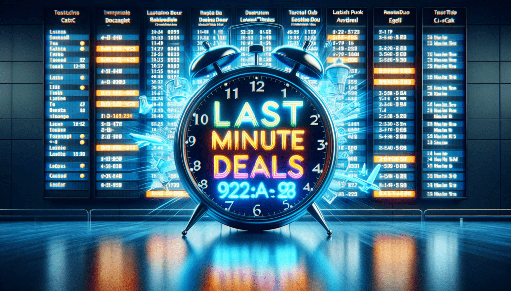 Vertrekbord op luchthaven met 'Last Minute Deals' en klok die 'gouden uur' aangeeft.