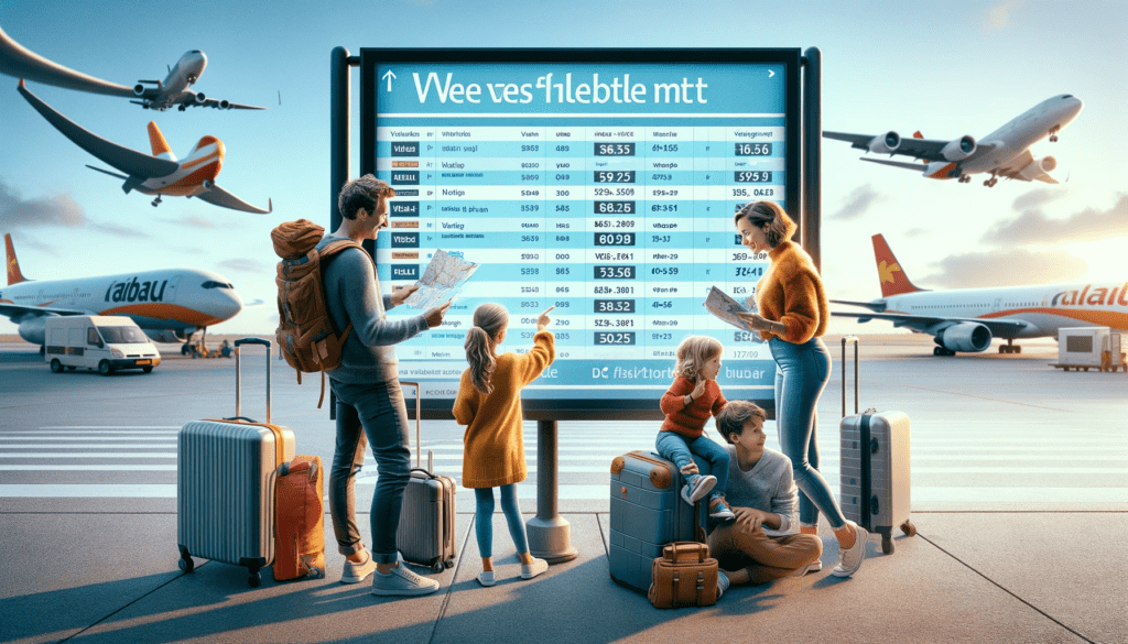 Gezin op een luchthaven met twee kinderen die enthousiast wijzen naar een digitaal bord met last-minute vliegtickets en flexibele vertrekdatums.