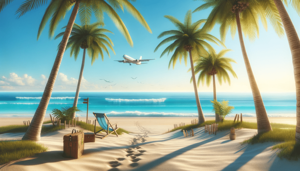 Idyllisch wit zandstrand met palmbomen en een vliegtuig dat in de verte tegen de blauwe hemel vliegt.