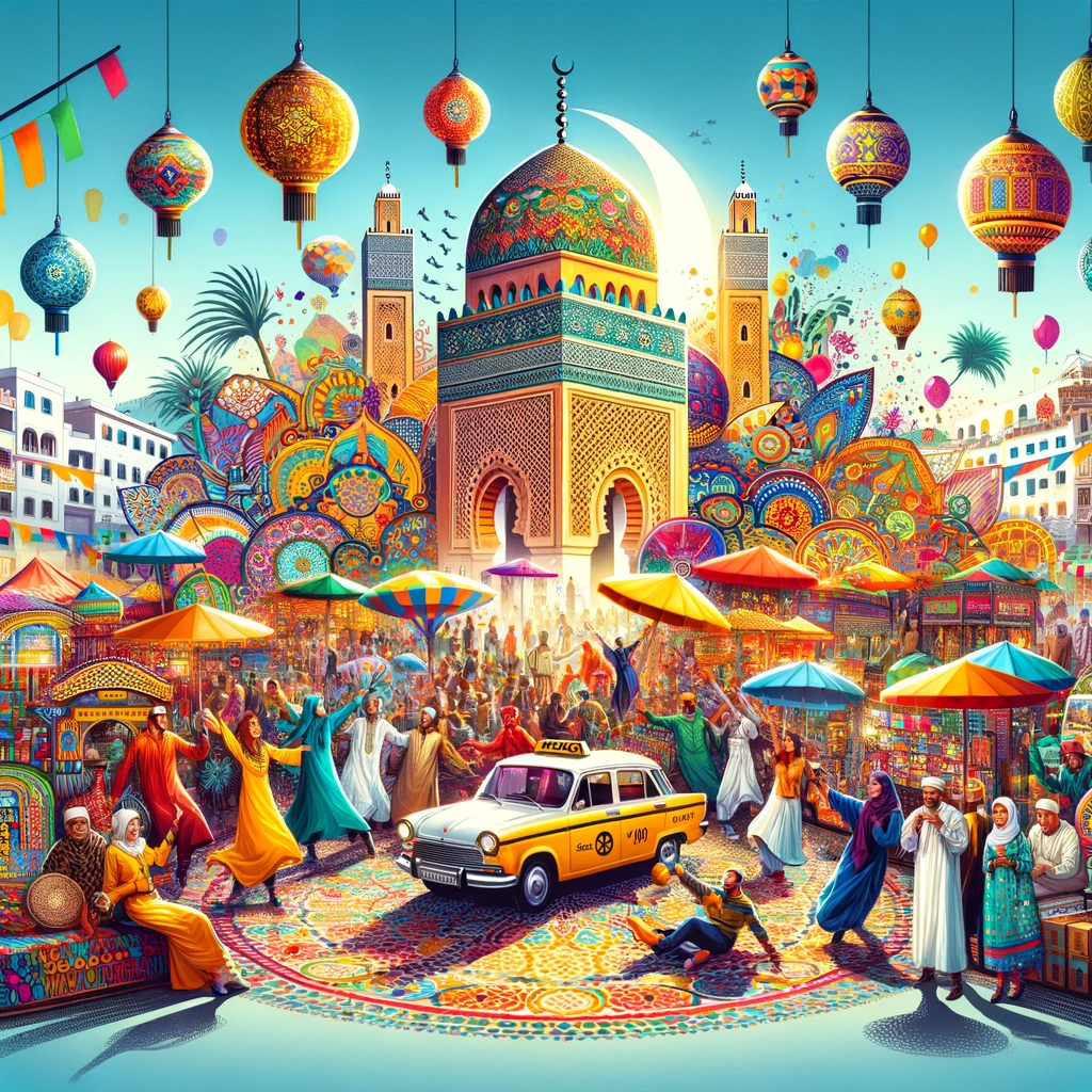 Kleurrijke Marokkaanse festivals met de Grote Moskee op de achtergrond en taxi's
