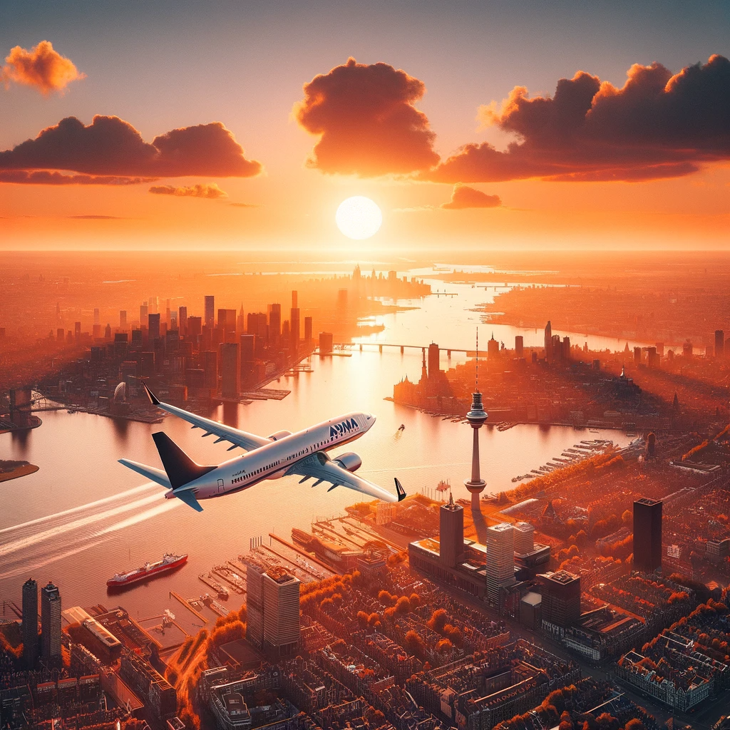 Vliegtuig opstijgend of landend bij zonsondergang met de skylines van Amsterdam en Tirana, symboliserend retourvluchten tussen deze steden