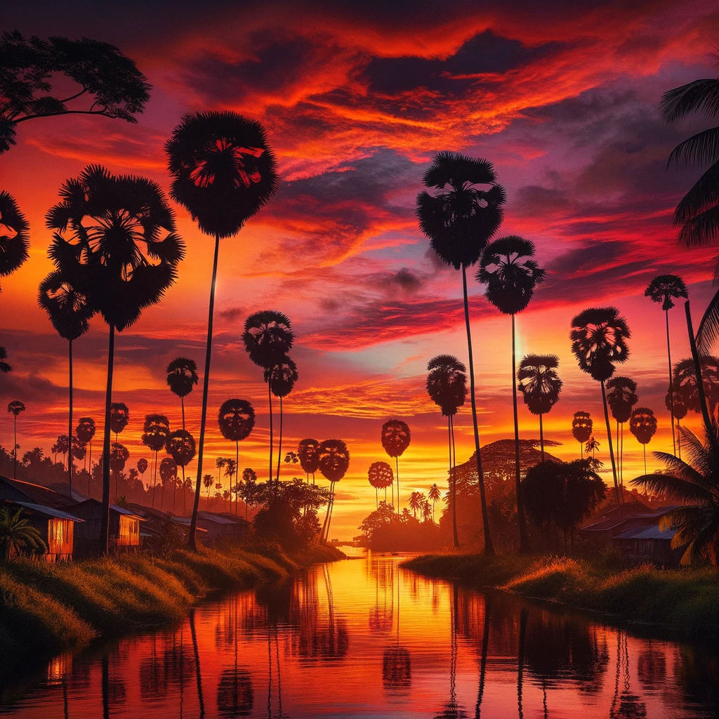 Kleurrijke zonsondergang met palmbomen in Paramaribo, reflecterend in een rivier
