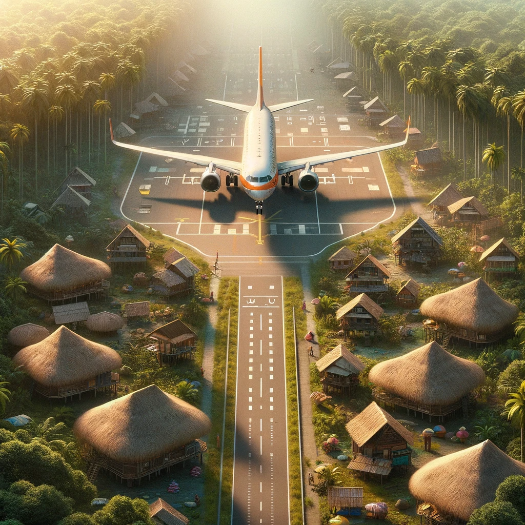Vliegtuig vertrekt van Schiphol naar Paramaribo, omringd door palmbomen en hutjes