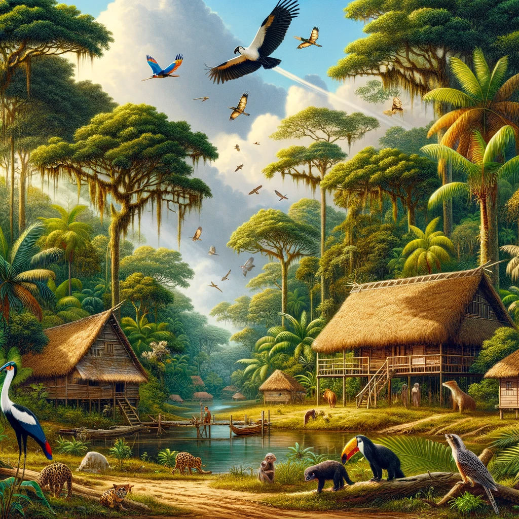 Goedkope vlucht boven tropisch Surinaams landschap met exotische dieren en traditionele hutjes.