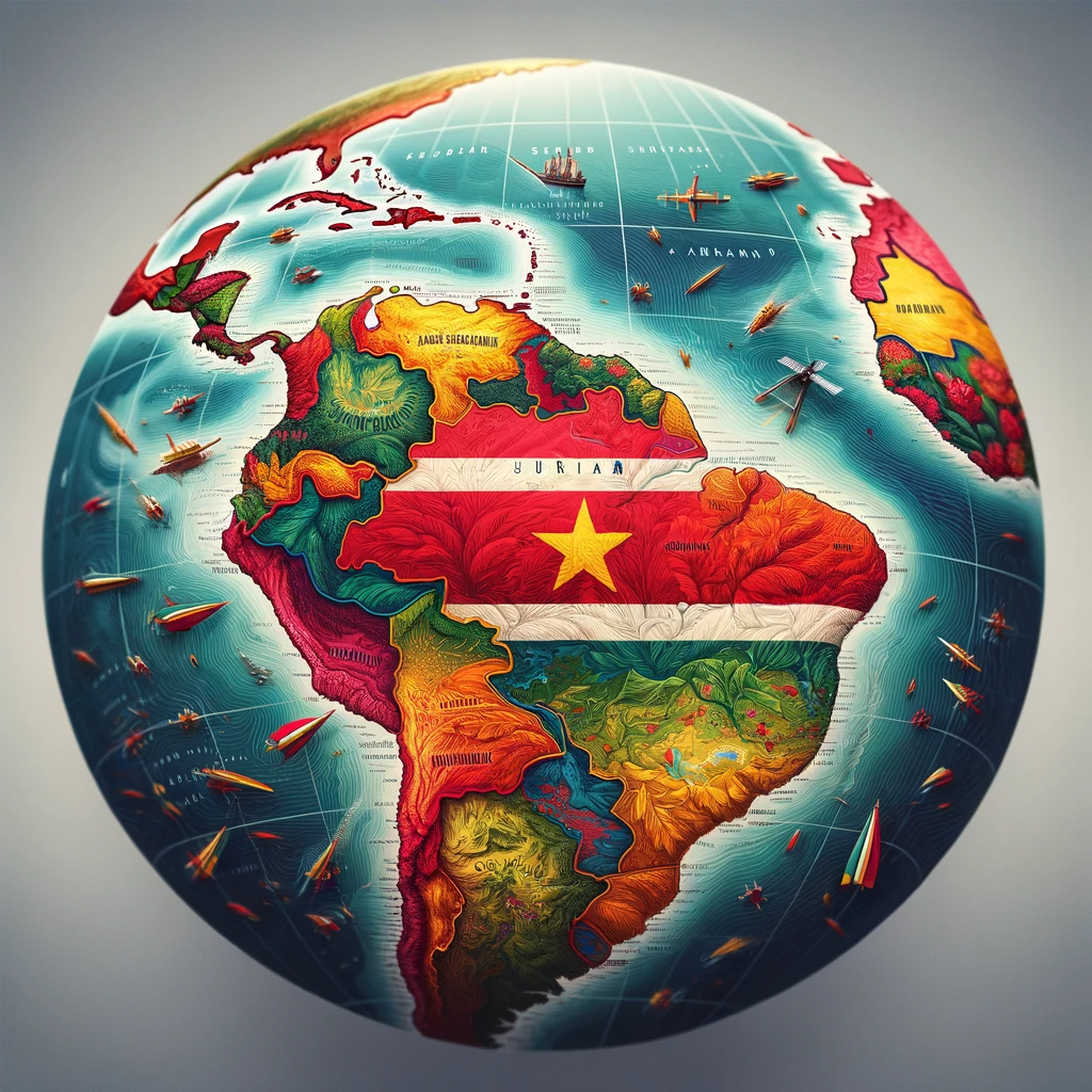 Kleurrijke wereldkaart met Suriname en Surinaamse vlag, ideaal voor reizigers die vluchten naar Paramaribo overwegen.