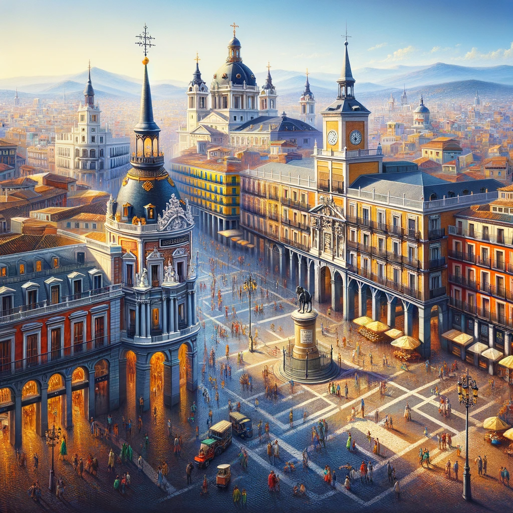 Artistieke weergave van Madrid met Plaza Mayor en traditionele Spaanse architectuur, symboliserend de charme van Madrid voor reizigers op zoek naar voordelige vliegtickets naar Madrid-Barajas.