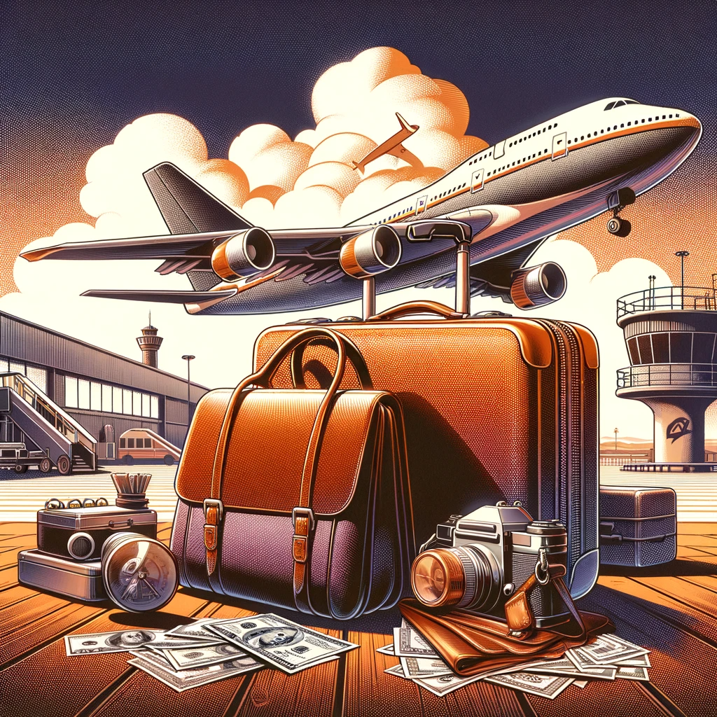 Illustratie van extra bagagekosten met koffer en portemonnee op luchthavenachtergrond.