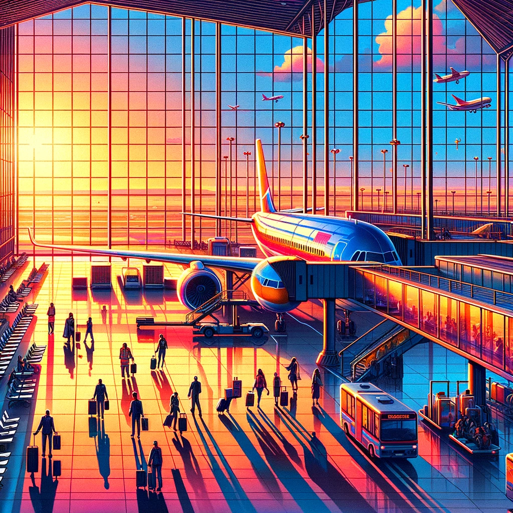 "Kleurrijke luchtvaartmaatschappij terminal met vliegtuigen en reizigers bij zonsondergang