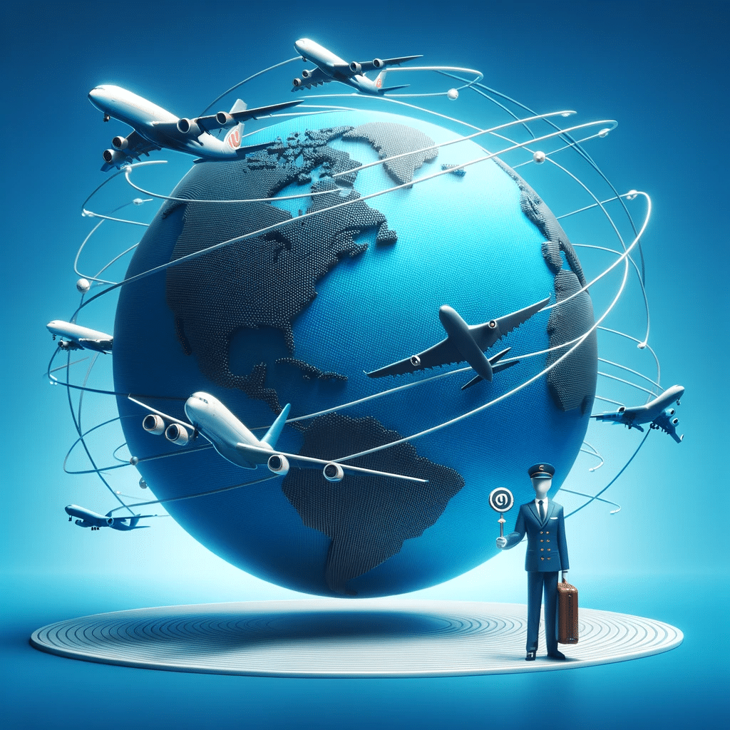Wereldbol met vliegtuigen, symboliserend wereldwijde connectiviteit.