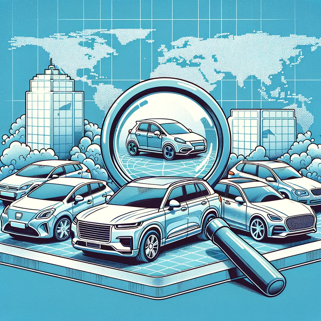 Illustratie van diverse huurauto's met vergrootglas, symboliseert het vergelijken van autoverhuur wereldwijd.
