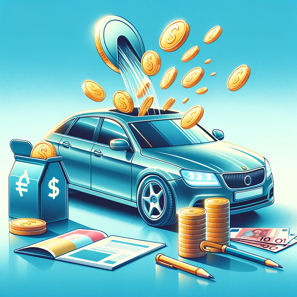 Illustratie van een huurauto met munten en bankbiljetten, symboliseert het besparen op autohuur naast een spaarvarken