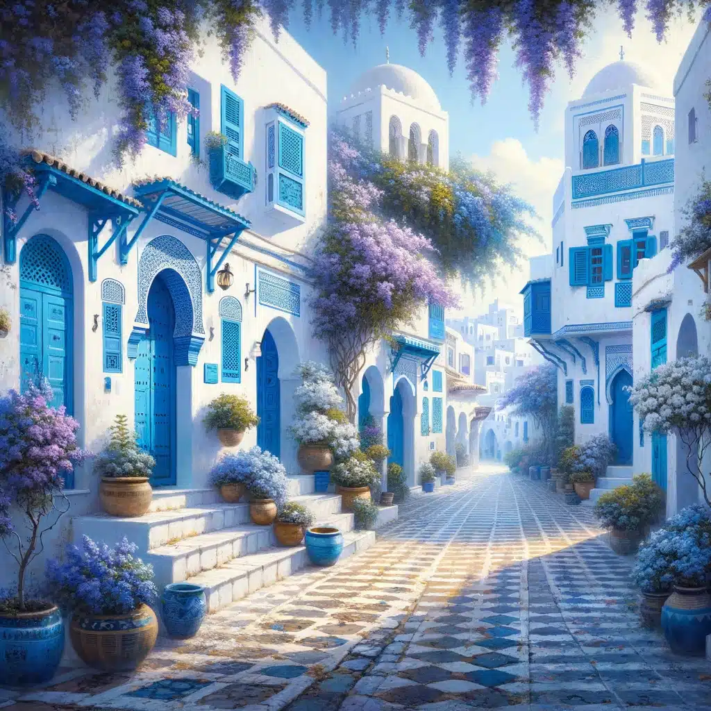 Een schilderachtig beeld van Sidi Bou Said in Tunesië, met kronkelende straatjes, witgekalkte huizen met blauwe deuren en raamkozijnen, en overvloedig bloeiende bloemen. In de achtergrond zweeft een blauw-wit vliegtuig in de helderblauwe hemel.