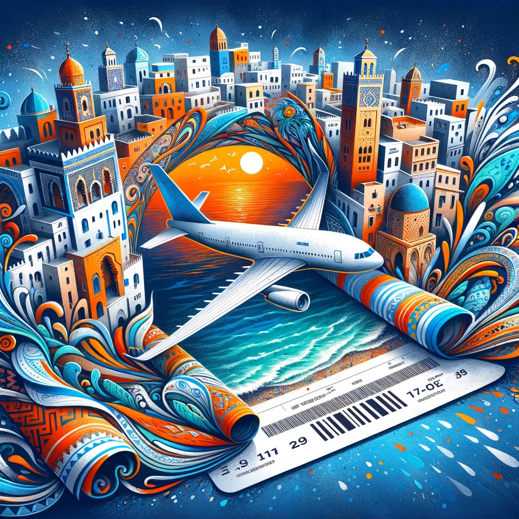 Artistieke weergave van Tanger met een symbolisch vliegtuig.
