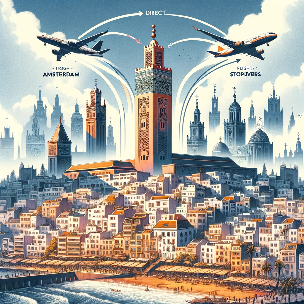 Illustratie van Tanger met geïntegreerde iconische gebouwen uit Amsterdam en Brussel, symboliserend directe vluchten en vluchten met tussenstops.