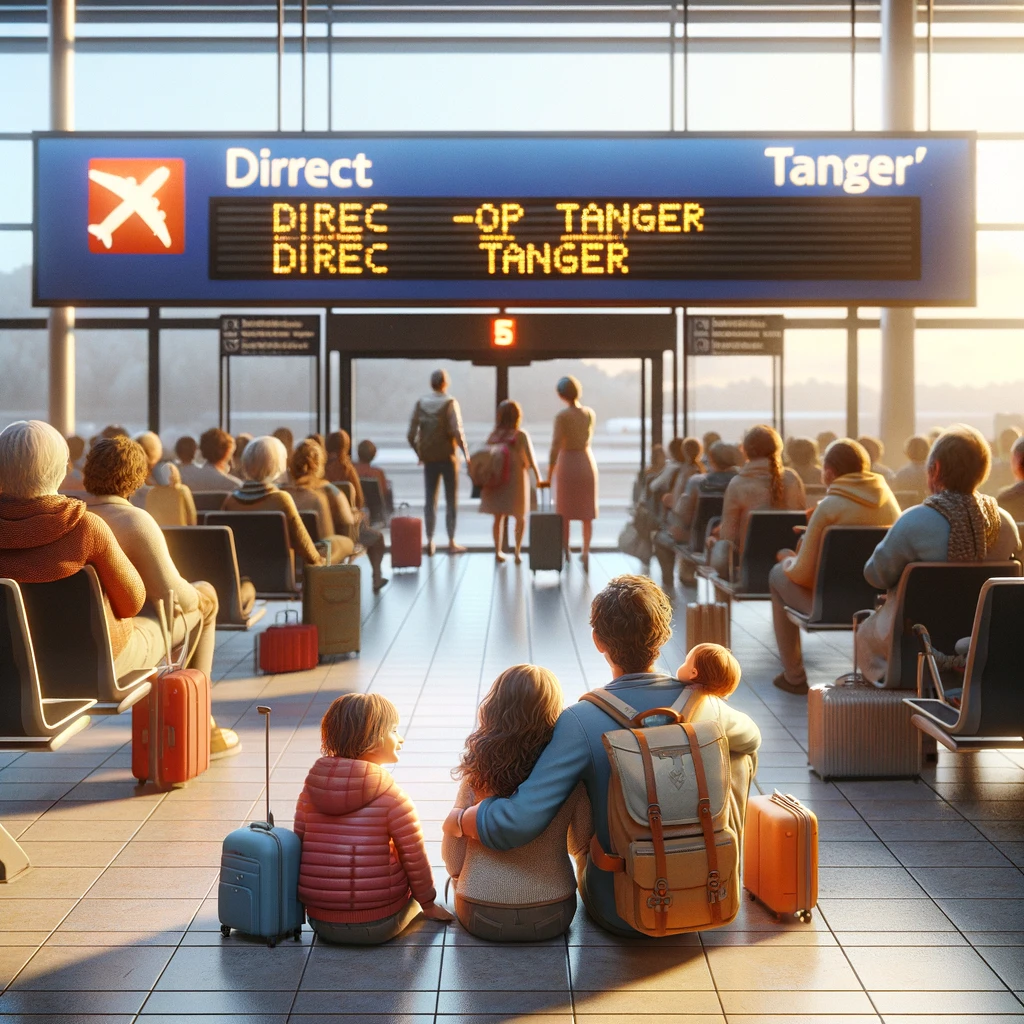 Gezin met kinderen wacht bij informatiebord 'DIRECT TANGER' op Schiphol, klaar voor hun vlucht.