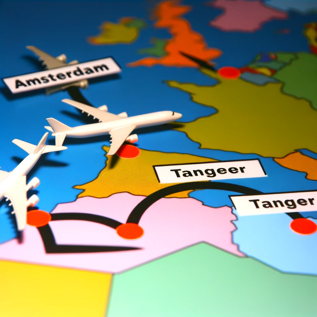 Vluchtroutes met tussenstops van Amsterdam en Brussel naar Tanger.