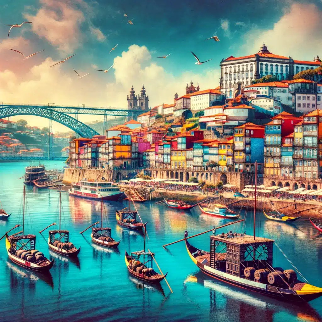 Levendige en kleurrijke weergave van Porto, inclusief de Dom Luis I-brug en traditionele Rabelo boten op de Douro rivier.