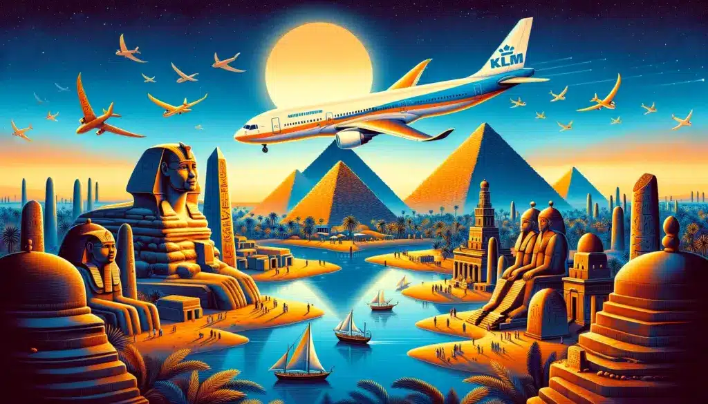 KLM-vliegtuig vliegt over de Nijl en de piramides van Egypte bij zonsondergang.