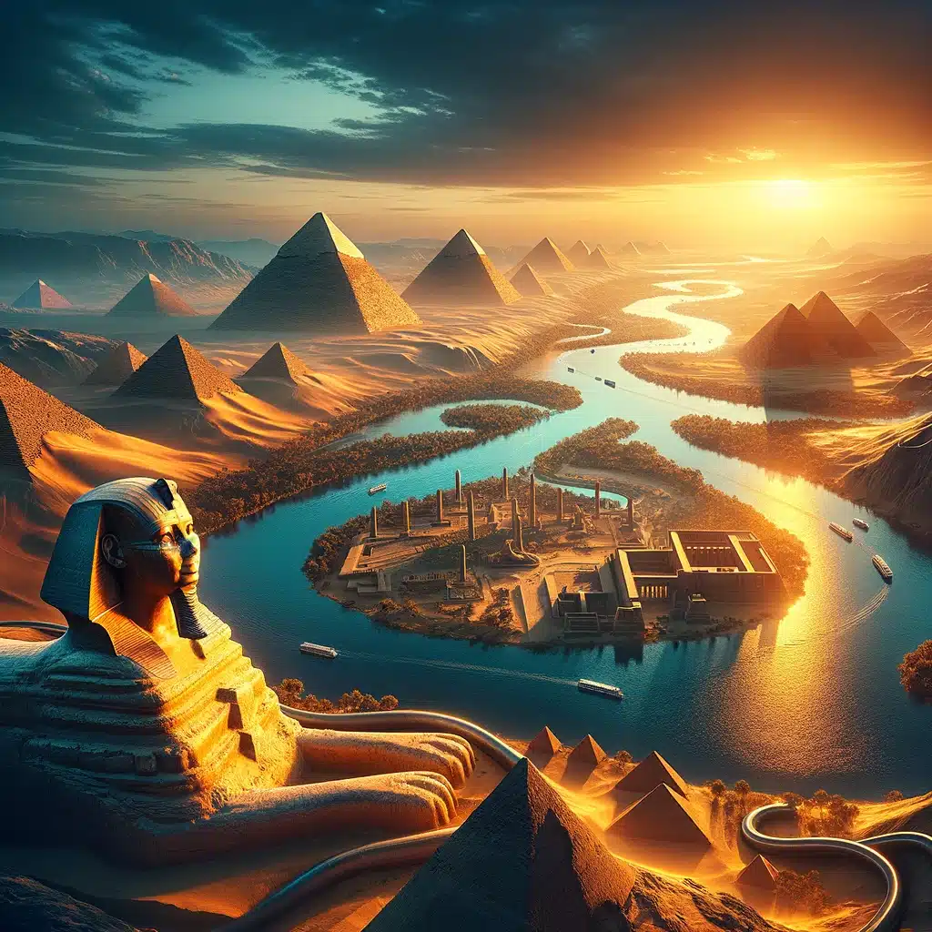 De Nijl met piramides en de Sfinx op de voorgrond en de Rode Zee op de achtergrond bij zonsondergang.