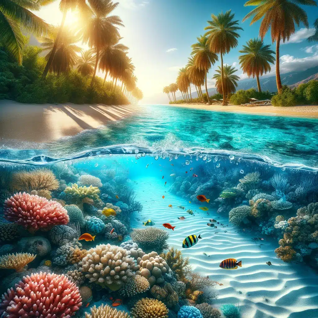 Een ongerept strand aan de Rode Zee met wit zand en palmbomen, uitkijkend op helderblauw water met een rijk en kleurrijk koraalecosysteem.