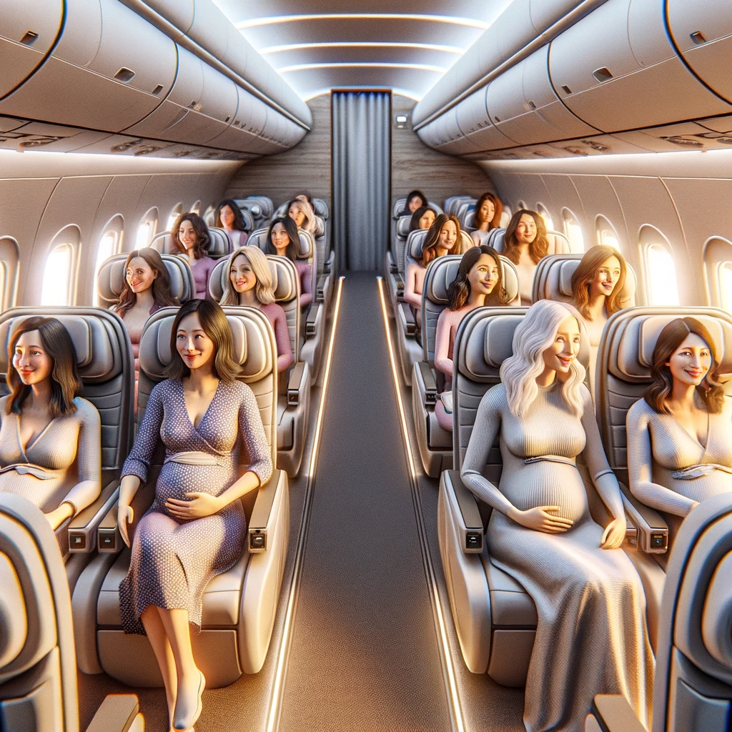 Vol vliegtuig met blije zwangere vrouwen
