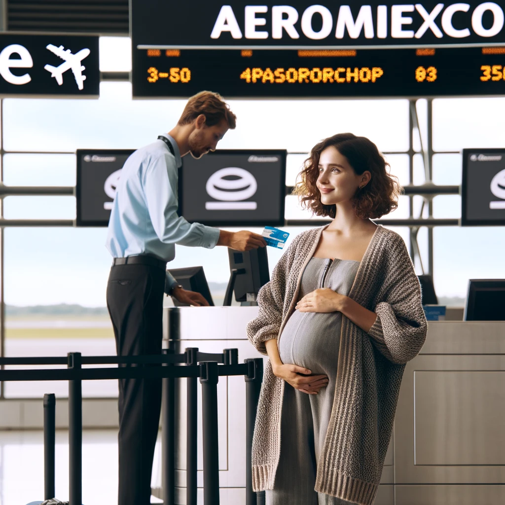 Zwangere vrouw in duidelijk zicht bij Aeromexico incheckbalie
