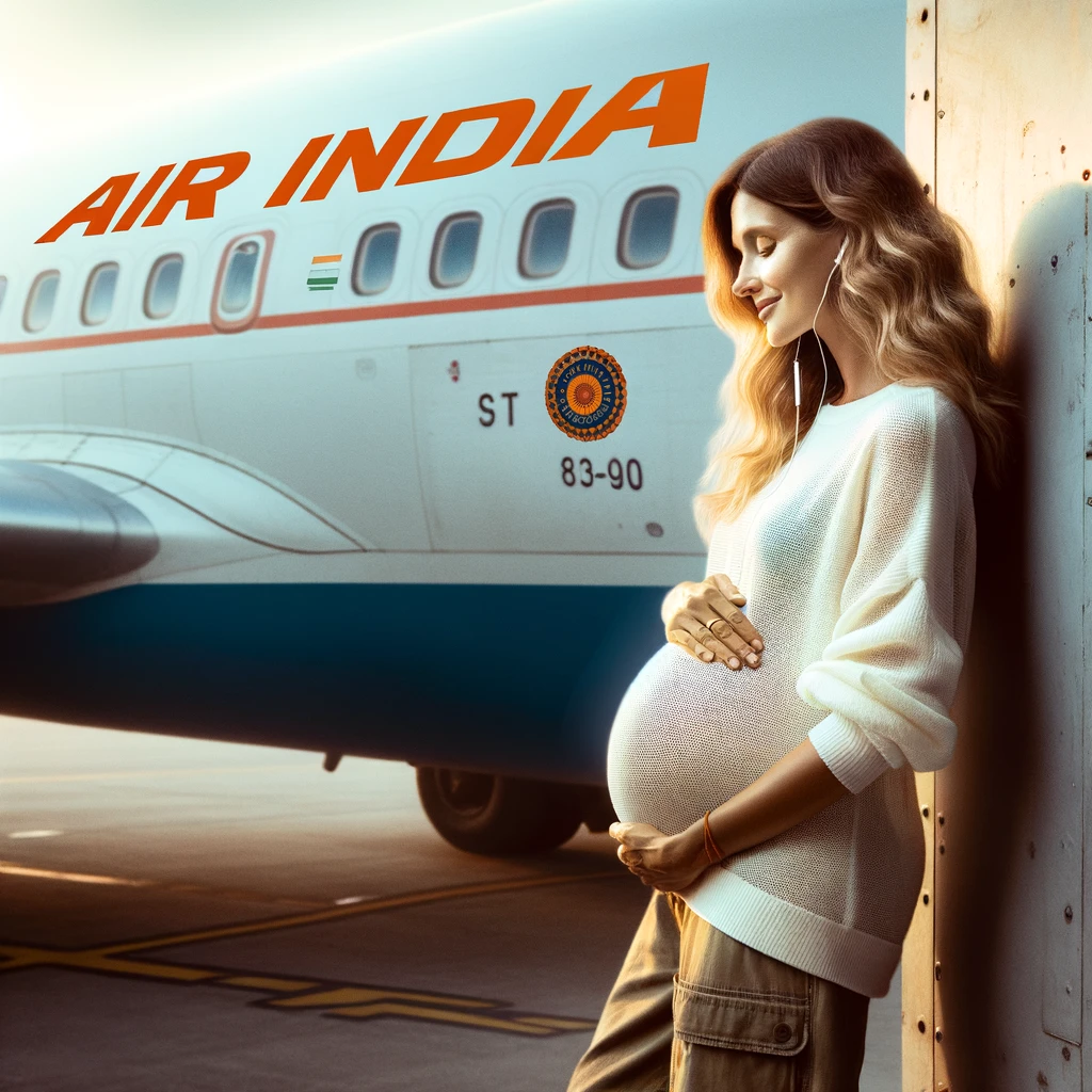 Zwangere vrouw stapt aan boord van Air India-vliegtuig.