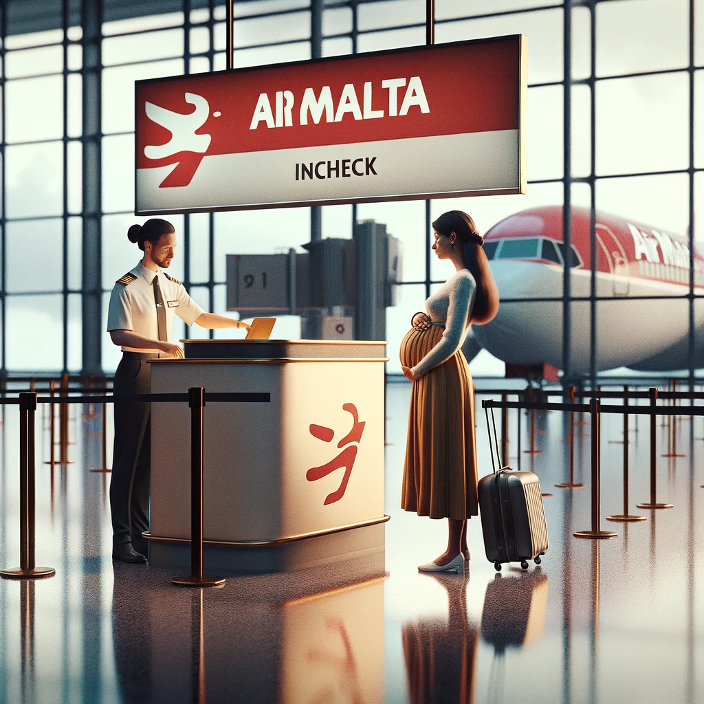 Zwangere vrouw die incheckt bij een Air Malta balie, overhandigt paspoort aan baliemedewerker.